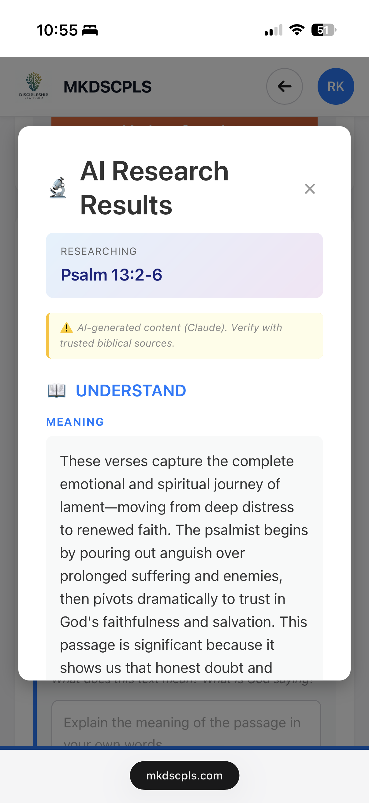 AI-powered Scripture research results showing Understand, Connect, and Apply insights
